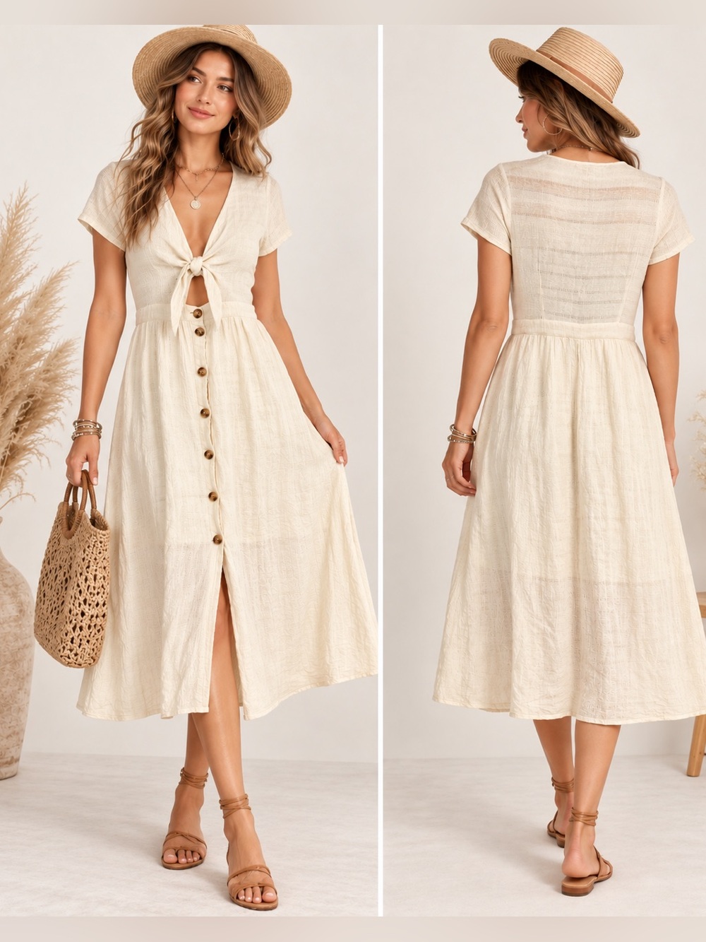 FASHION ON EARTH Ivory Boho gauze Tie front Swing Lagenlook midi pocket dress L